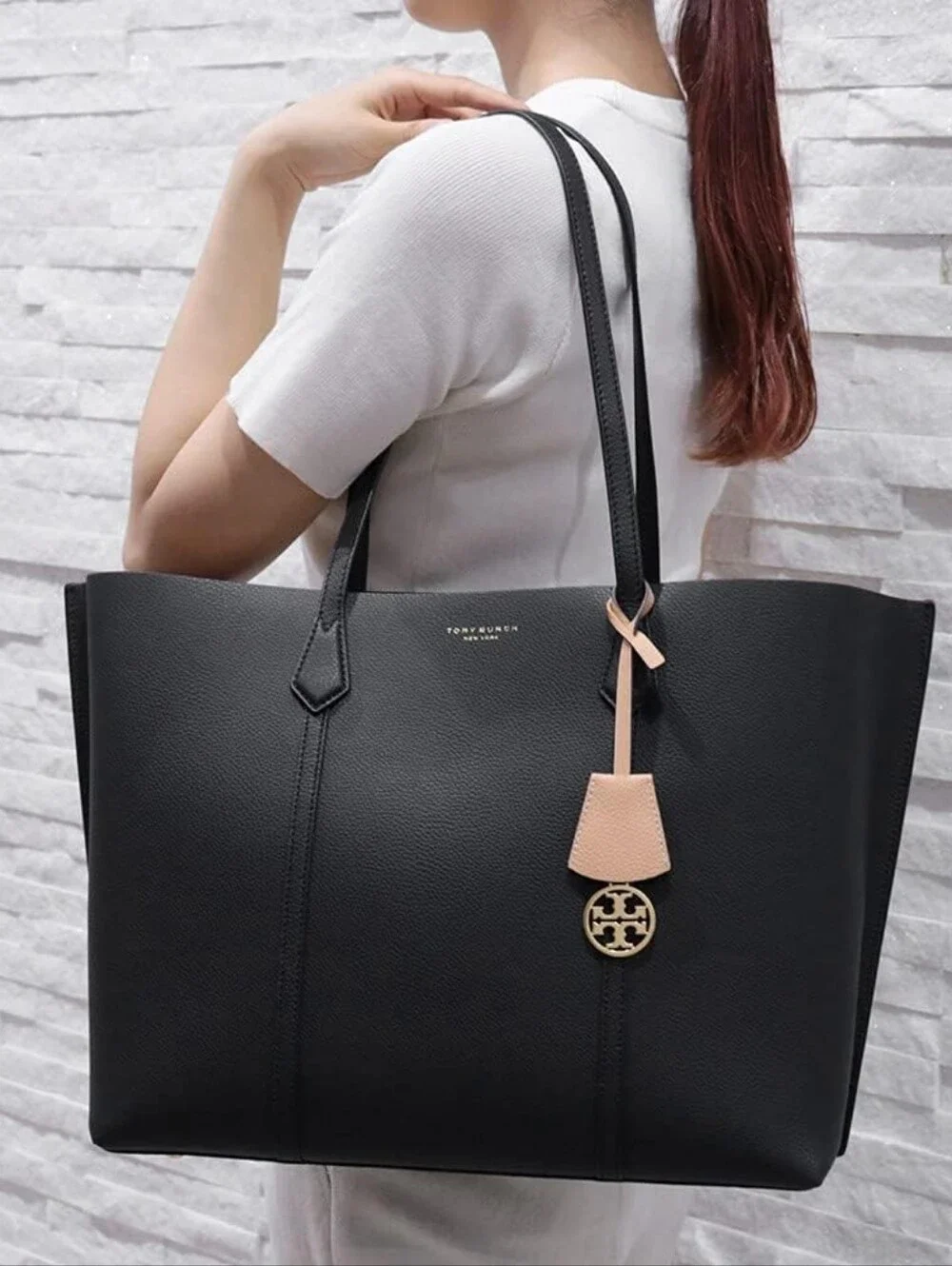 Tory Burch Perry Compartment Black Leather Tote with Tan Charm